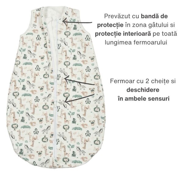 Sac de dormit din bumbac flausat cu fermoar dublu 0-6 luni Kidizi Safari, 1 tog, pentru toamna/iarna