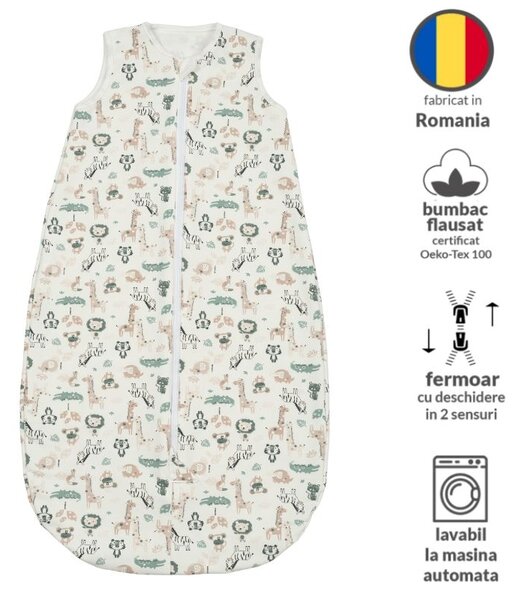 Sac de dormit din bumbac flausat cu fermoar dublu 6-12 luni Kidizi Safari, 1 tog, pentru toamna/iarna