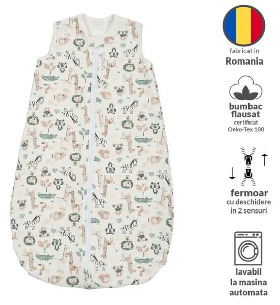 Sac de dormit din bumbac flausat cu fermoar dublu 0-3 luni Kidizi Safari, 1 tog, pentru toamna/iarna