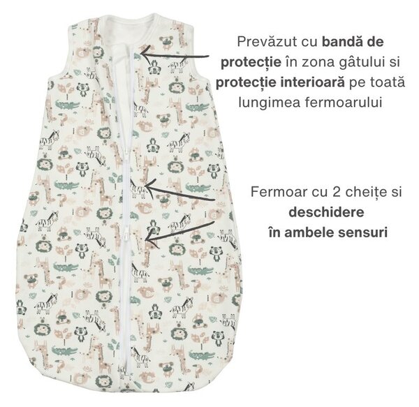 Sac de dormit din bumbac flausat cu fermoar dublu 0-3 luni Kidizi Safari, 1 tog, pentru toamna/iarna
