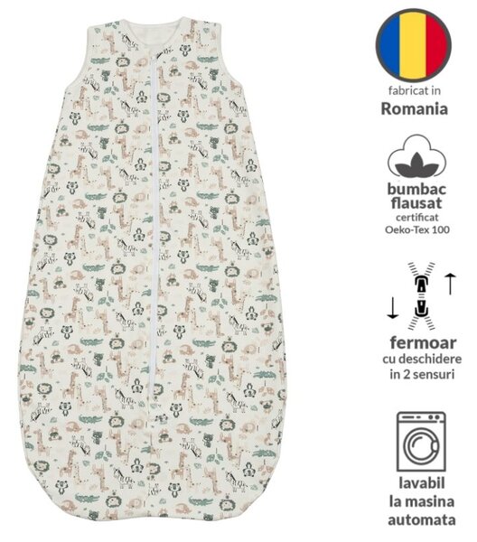 Sac de dormit din bumbac flausat cu fermoar dublu 1-2 ani Kidizi Safari, 1 tog, pentru toamna/iarna