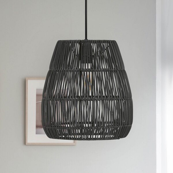 PR Home Lampă suspendată Saigon, aspect ratan, negru, Ø 38 cm, reglabil, Negru, Camera de zi / sufragerie, Plastic