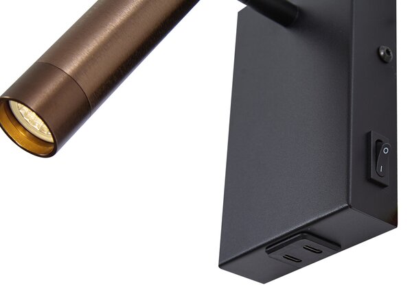 Lampă de perete modernă neagră cu bronz închis reglabilă cu USB-C - Croft
