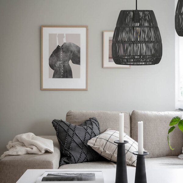 PR Home Lampă suspendată Saigon, aspect ratan, negru, Ø 38 cm, reglabil, Negru, Camera de zi / sufragerie, Plastic