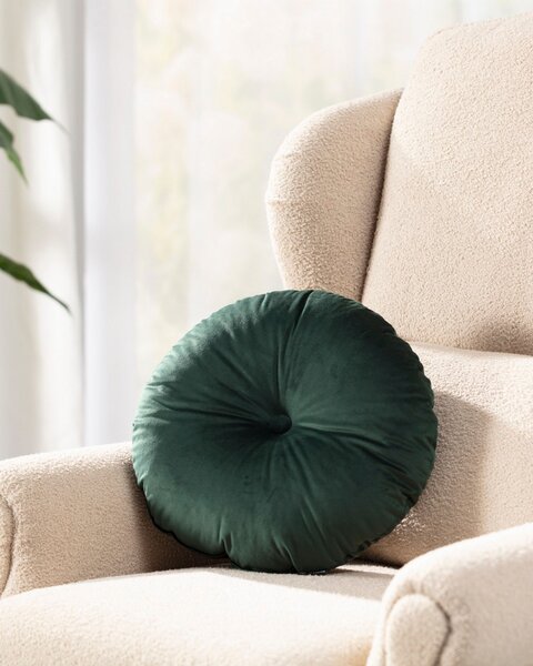 Pernă rotundă din catifea cu buton culoare verde Țesătură gloss, catifea