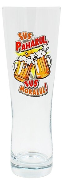 Pahar bere, 500 ml, mesaj funny “Sus paharul, sus moralul!"