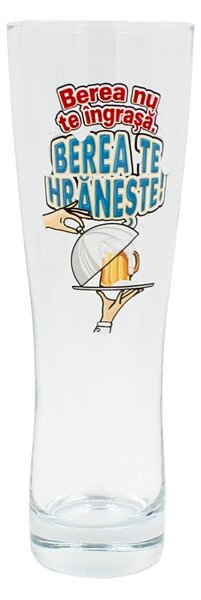 Pahar bere, 500 ml, mesaj funny “Berea nu te îngrașă, berea te hrănește!”