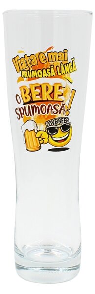 Pahar bere, 500 ml, mesaj funny “Viața e mai frumoasă lângă o bere spumoasă!"