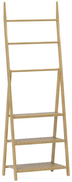 HOMCOM Raft Baie Pliabil pentru Prosoape cu 3 Rafturi și 3 Bare, 53,5x30x153 cm, Lemn Natural | Aosom Romania