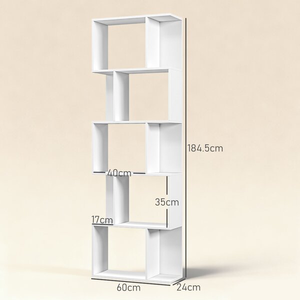 HOMCOM Raft pentru Cărți cu 5 Rafturi Separate, Bibliotecă în Formă de S din Lemn, 60x24x184,5 cm, Alb | Aosom Romania