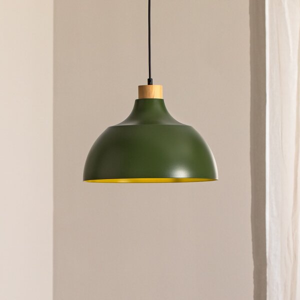 Envostar Lampa suspendată Kaitt, verde închis, Ø 34 cm, detaliu din lemn, reglabil, Verde, Camera de zi / sufragerie, Metal, Scandinavă