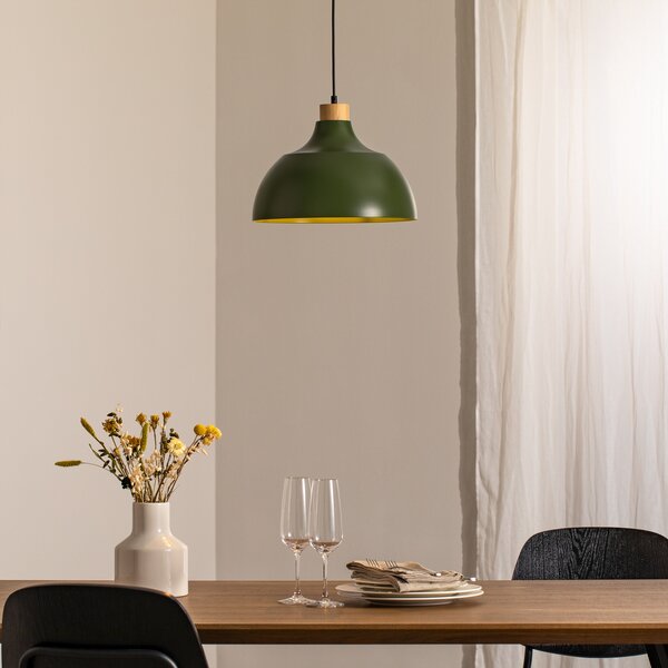 Envostar Lampa suspendată Kaitt, verde închis, Ø 34 cm, detaliu din lemn, reglabil, Verde, Camera de zi / sufragerie, Metal, Scandinavă