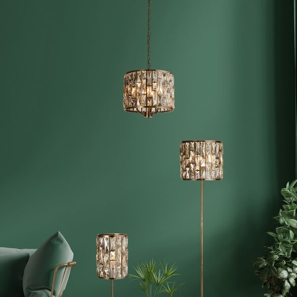 Searchlight Suspensie Bijou, 3 lumini, alamă, sticlă de cristal, reglabil, Auriu / Alamă, Camera de zi / sufragerie, Metal