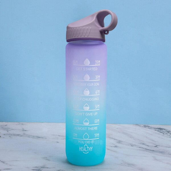 Sticla apa gradata Pufo Motivational pentru sport, fitness, antrenamente, cu pai inclus, 500 ml, mov/verde