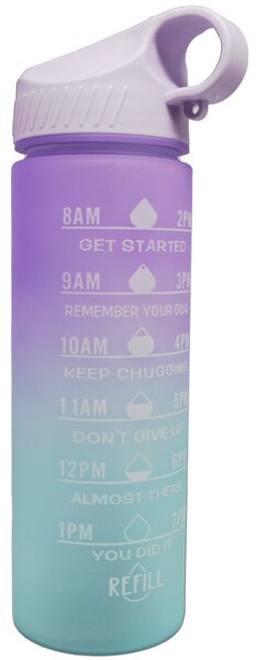 Sticla apa gradata Pufo Motivational pentru sport, fitness, antrenamente, cu pai inclus, 500 ml, mov/verde