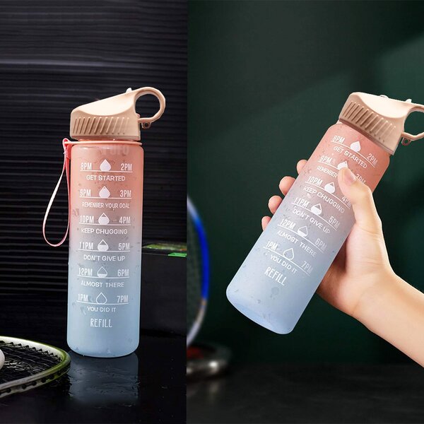 Sticla apa gradata Pufo Motivational pentru sport, fitness, antrenamente, cu pai inclus, 500 ml, roz/albastru
