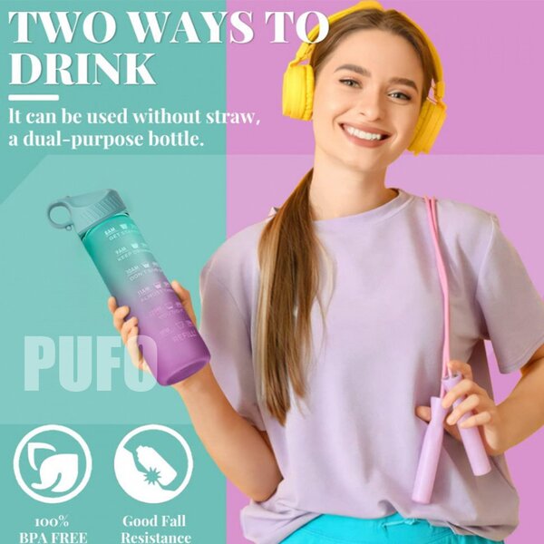 Sticla apa gradata Pufo Motivational pentru sport, fitness, antrenamente, cu pai inclus, 500 ml, verde/mov