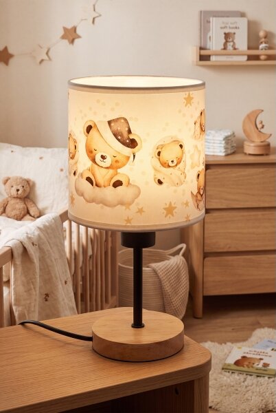 Brilagi - Lampă de masă BOBO WOOD 1xE27/25W/230V stejar/negru/alb/ursuleți