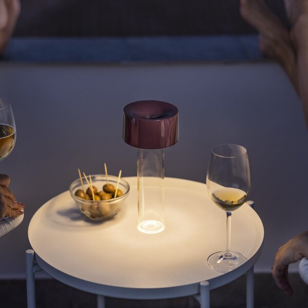 Foscarini Lampa de masă cu baterie LED Fleur, roșu burgund, reglabil, Roșu, Camera de zi / sufragerie, Sticlă, Modern