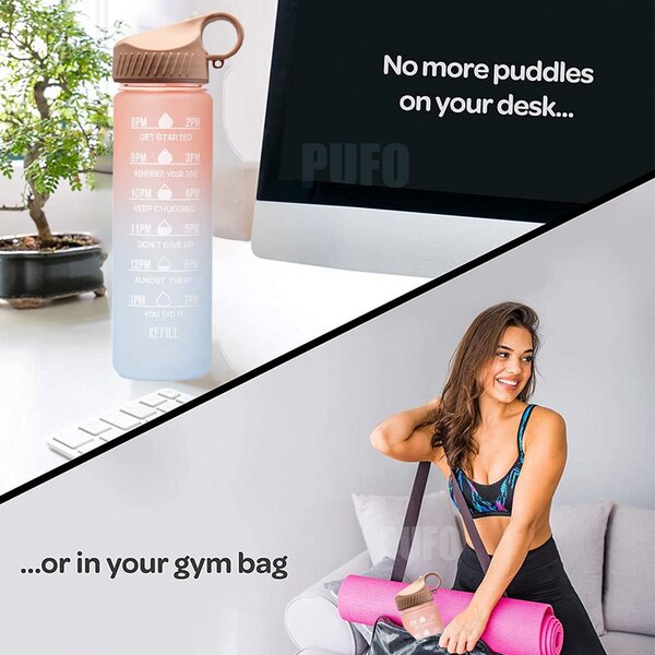 Sticla apa gradata Pufo Motivational pentru sport, fitness, antrenamente, cu pai inclus, 500 ml, roz/albastru
