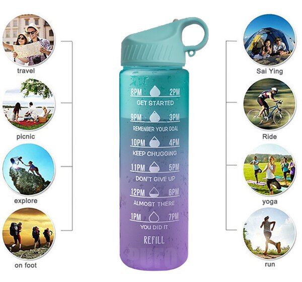 Sticla apa gradata Pufo Motivational pentru sport, fitness, antrenamente, cu pai inclus, 500 ml, verde/mov