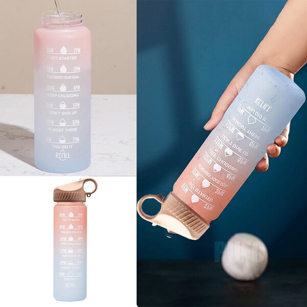 Sticla apa gradata Pufo Motivational pentru sport, fitness, antrenamente, cu pai inclus, 500 ml, roz/albastru