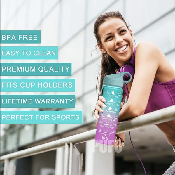 Sticla apa gradata Pufo Motivational pentru sport, fitness, antrenamente, cu pai inclus, 500 ml, verde/mov