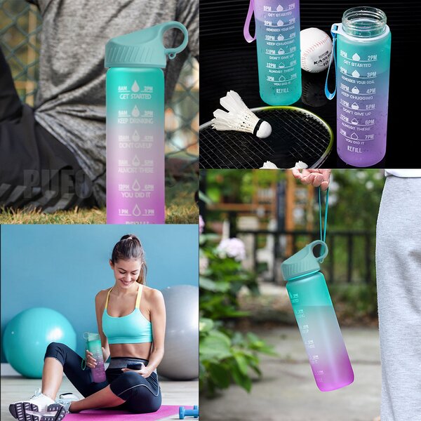 Sticla apa gradata Pufo Motivational pentru sport, fitness, antrenamente, cu pai inclus, 500 ml, verde/mov