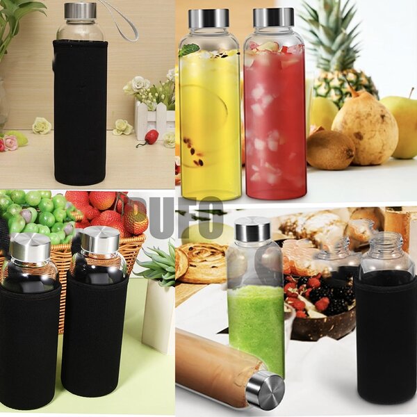 Sticla Pufo pentru apa sau lichide din material borosilicat, cu husa, capac etans, 500 ml