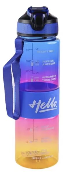 Sticla apa Pufo Motivational pentru sport, fitness, antrenamente, cu pai inclus, 1L, albastru/galben