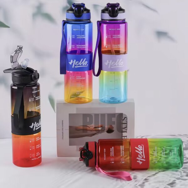Sticla apa Pufo Motivational pentru sport, fitness, antrenamente, cu pai inclus, 1L, albastru/galben