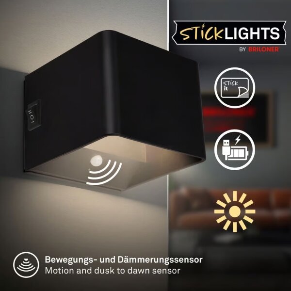 Briloner 3879015 - Aplica LED reîncărcabilă pentru perete cu senzor BORRA, 1,5 W/5 V, 3600 mAh, neagră