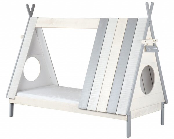 Pat pentru copii in forma de cort din MDF alb/gri, 105x215x167 cm