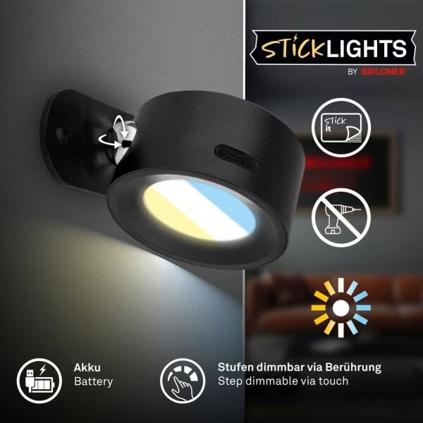 Briloner 3896015 - Aplica LED de perete TARI, reglabilă, reîncărcabilă LED/1,6W/5V 1500 mAh neagră