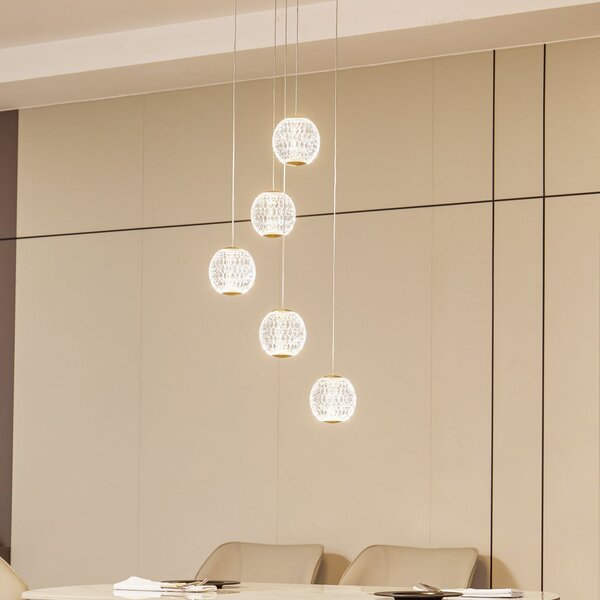 Lucande LED suspendat Ismenia, 5 lumini, alamă, acrilic, Bronz / Alamă Veche, Camera de zi / sufragerie, Plastic, Antichitate
