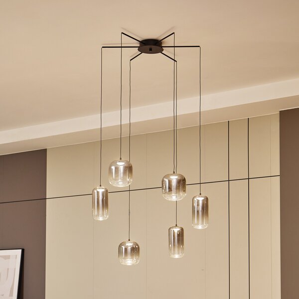 Lucande Suspensie cu LED Avelina, gri fumuriu, 6 lămpi, Gri, Camera de zi / sufragerie, Sticlă, Modern
