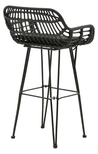 Scaun de bar pentru exterior, Model Naoki, culoare negru, metal si poliratan, 52x50x90 cm