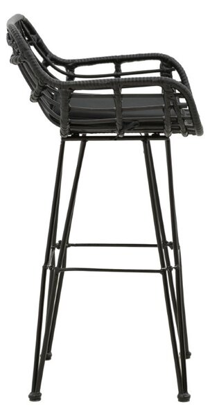 Scaun de bar pentru exterior, Model Naoki, culoare negru, metal si poliratan, 52x50x90 cm