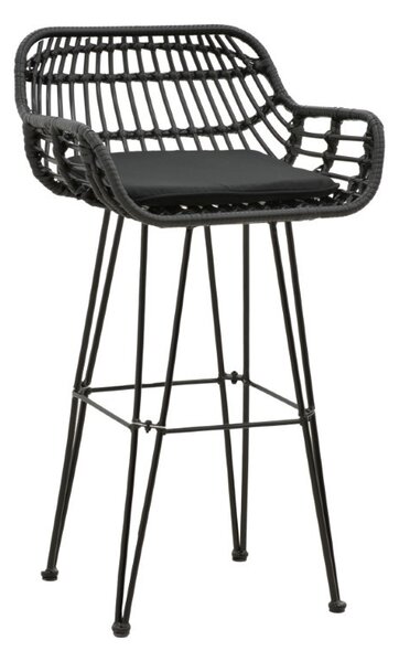 Scaun de bar pentru exterior, Model Naoki, culoare negru, metal si poliratan, 52x50x90 cm