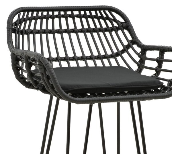 Scaun de bar pentru exterior, Model Naoki, culoare negru, metal si poliratan, 52x50x90 cm