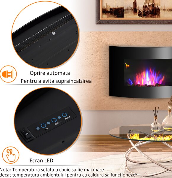 Semineu electric, soba electrica, incalzitor pentru interior cu electricitate, efect de flacara 65x11.4x52 cm, negru HOMCOM | Aosom RO