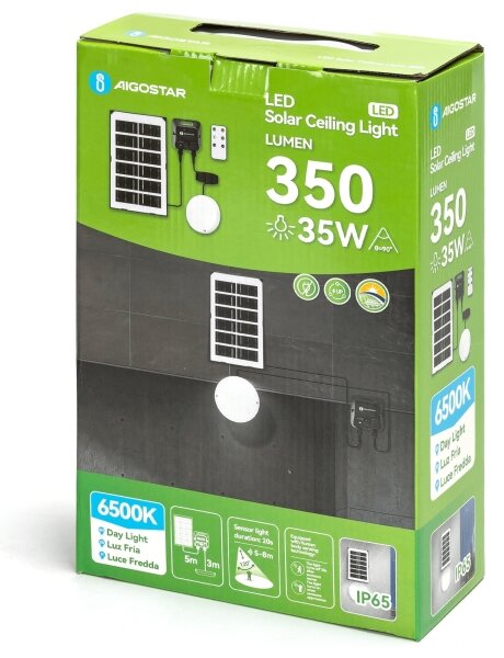 Aigostar - Plafonieră solară LED cu senzor, 3,7 V, 3000 mAh, IP65 + telecomandă