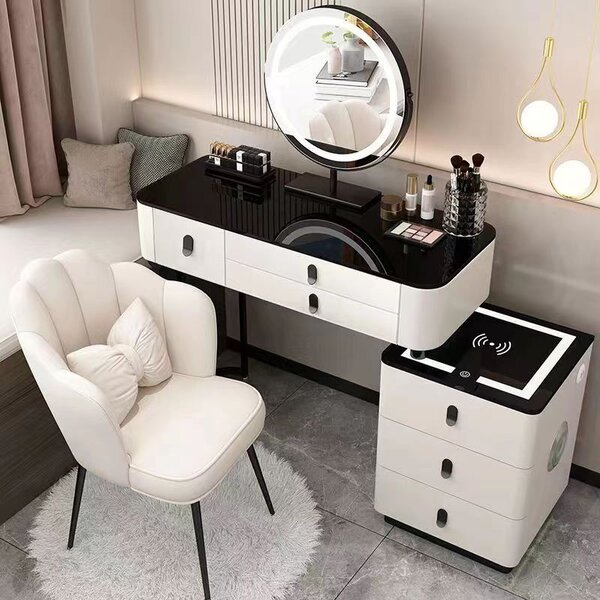 SEA83 - Set Masa toaleta, 100 cm, cosmetica, masa machiaj cu oglinda LED si scaun, masuta vanity - Alb-Negru