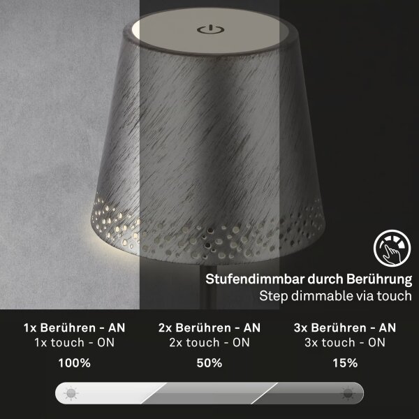 Brilo - Lampă de birou LED reîncărcabilă, cu control tactil KIKI LED/2,6W/5V IP44 2600 mAh argintie