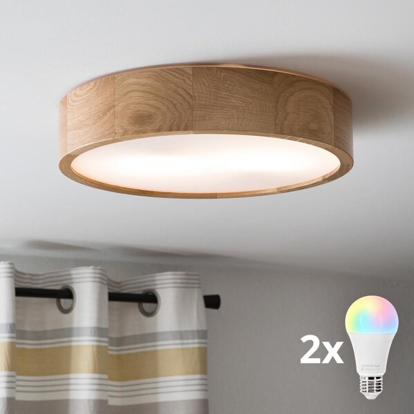 Brilagi CARVALHO Lampă de plafon LED RGBW dimmabilă, 2xE27/9W/230V, Wi-Fi, finisaj stejar, diam. 37,5 cm