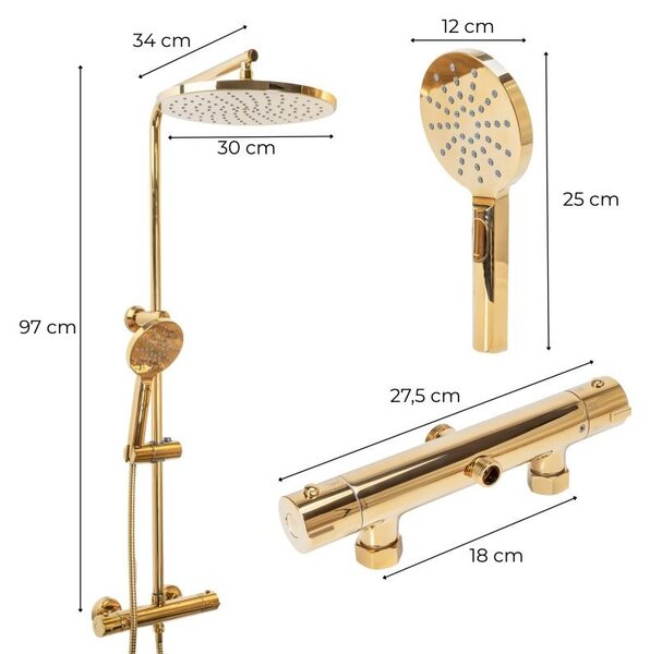 Erga Dubai, set coloană de duș termostatică cu duș tip ploaie 30cm și cap de duș, auriu strălucitor, ERG-YKA-BP.DUBAJ-THERM-30-GLD