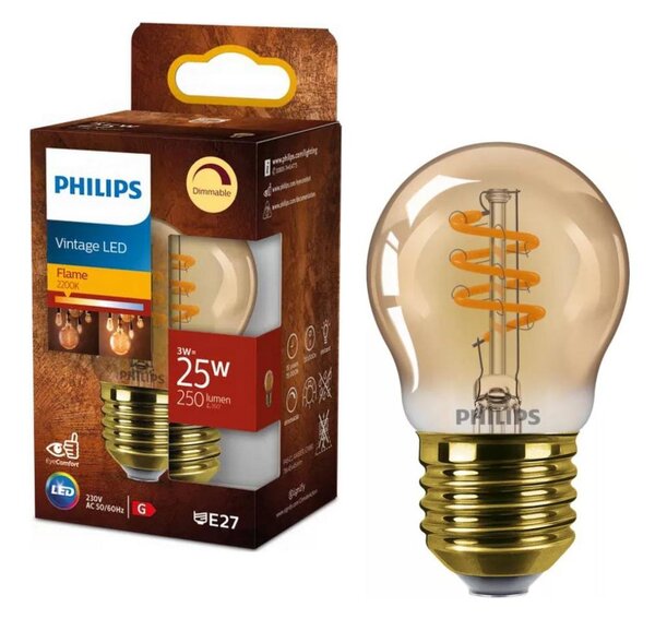 Bec LED dimabil Vintage Philips P45 E27, 3W, 230V, 2200K
