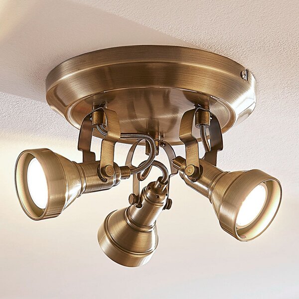 Lindby plafonieră Perseas, Ø 22cm, 3 becuri, alamă antică, GU10, reglabil, Bronz / Alamă Veche, Camera de zi / sufragerie, Metal, Antichitate