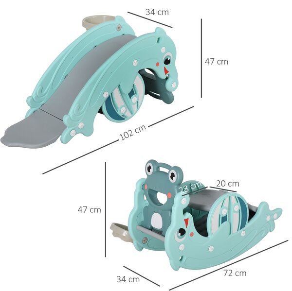 Cal balansoar HOMCOM 3-in-1 leagan din plastic, Tobogan pentru copii 3-5 ani, cos, HDPE, Verde | Aosom Romania