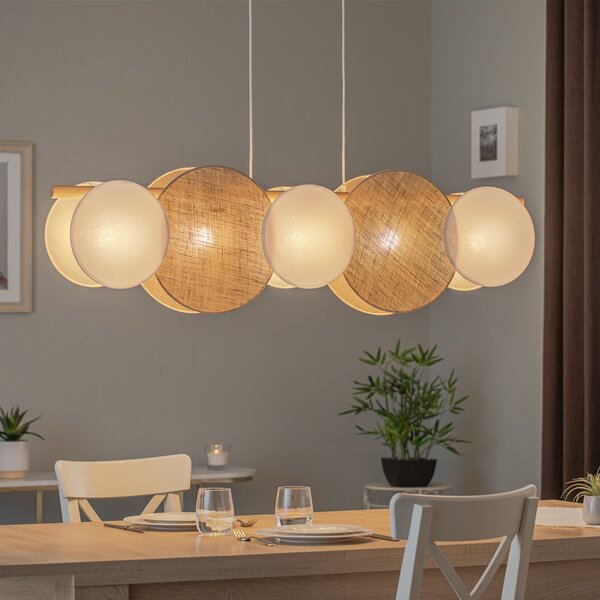 TK Lighting Lampă suspendată Pulse, abajururi din iută, maro natural/alb, 5 lumini, reglabil, Maro / Rugină, Camera de zi / sufragerie, Țesătură / Textil